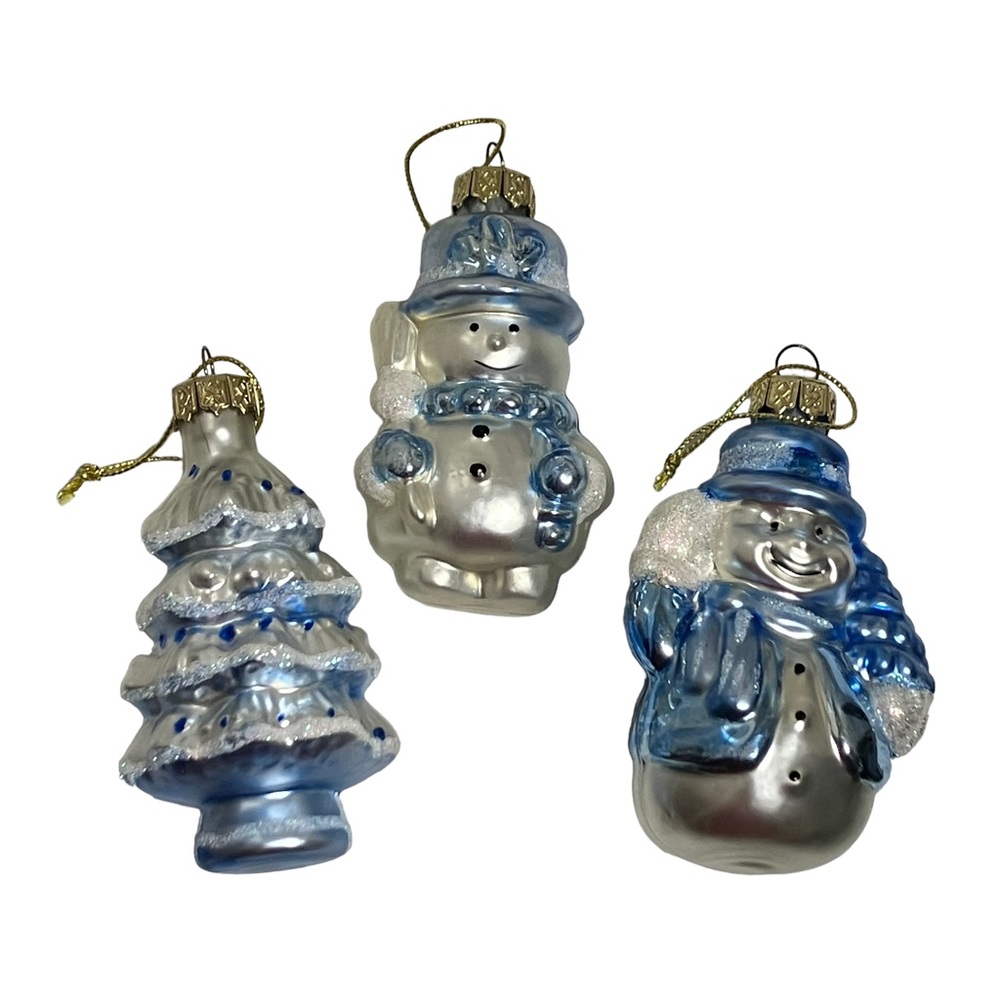 Blown Glass Blue Sliver Snowman Christmas Tree Ornaments Lot of 3